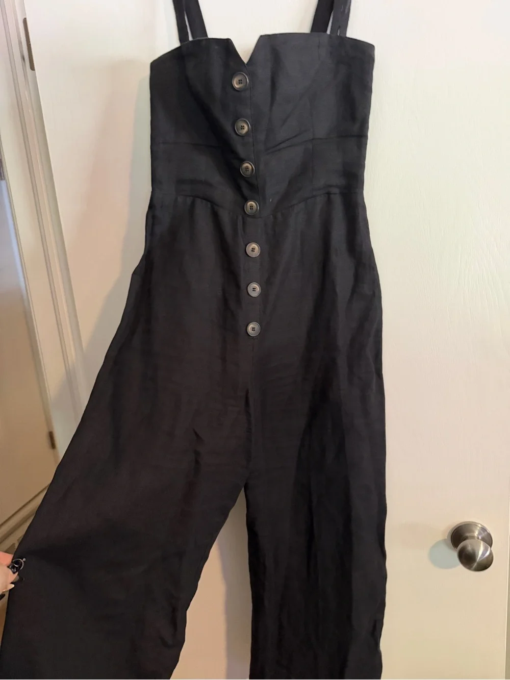 Reformation Linen Black Button-Front Wide-Leg Jumpsuit with Sweetheart Neck